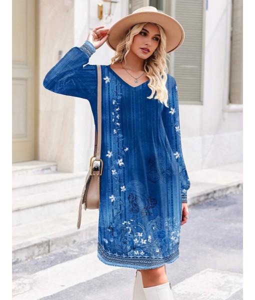 Zeagoo Fall Dresses for Women Long Sleeve Casual Pleated V Neck Dress 2025 A Line Tunic Dress