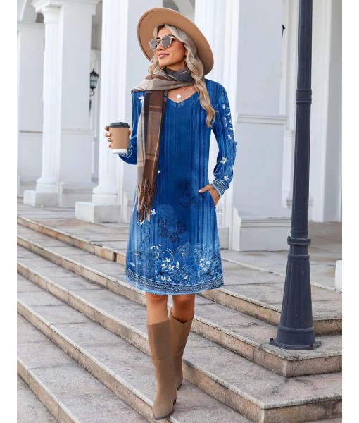 Zeagoo Fall Dresses for Women Long Sleeve Casual Pleated V Neck Dress 2025 A Line Tunic Dress