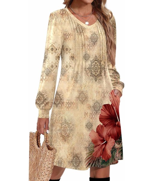 Zeagoo Fall Dresses for Women Long Sleeve Casual Pleated V Neck Dress 2025 A Line Tunic Dress