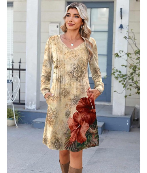 Zeagoo Fall Dresses for Women Long Sleeve Casual Pleated V Neck Dress 2025 A Line Tunic Dress