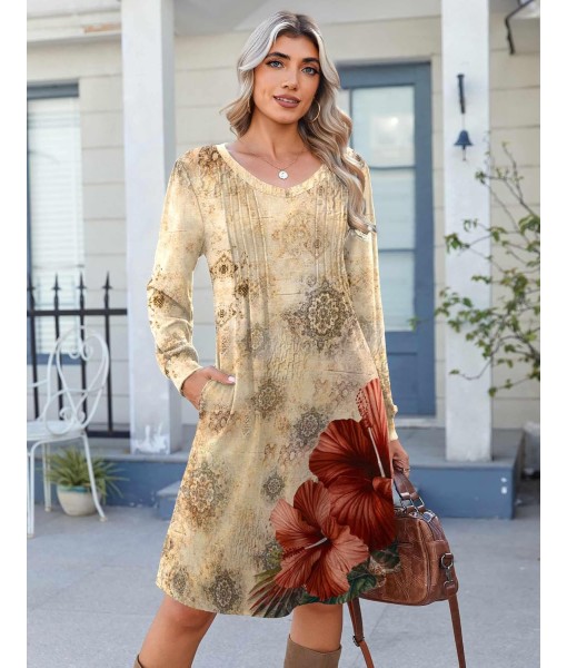 Zeagoo Fall Dresses for Women Long Sleeve Casual Pleated V Neck Dress 2025 A Line Tunic Dress