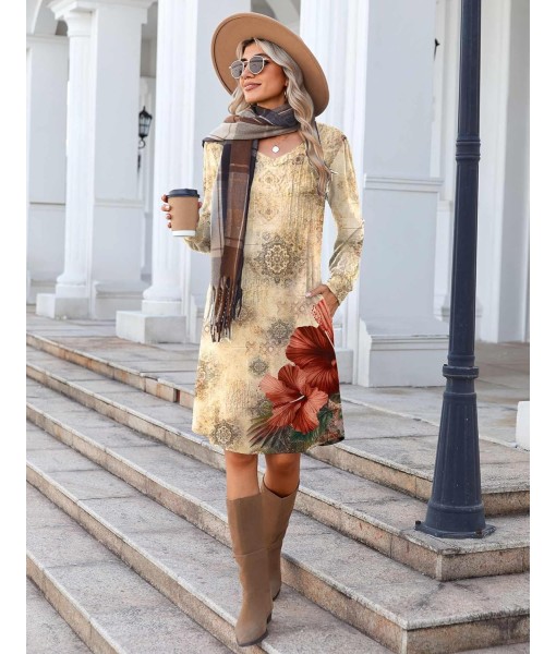 Zeagoo Fall Dresses for Women Long Sleeve Casual Pleated V Neck Dress 2025 A Line Tunic Dress