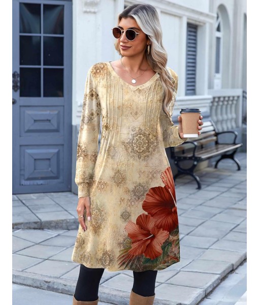 Zeagoo Fall Dresses for Women Long Sleeve Casual Pleated V Neck Dress 2025 A Line Tunic Dress