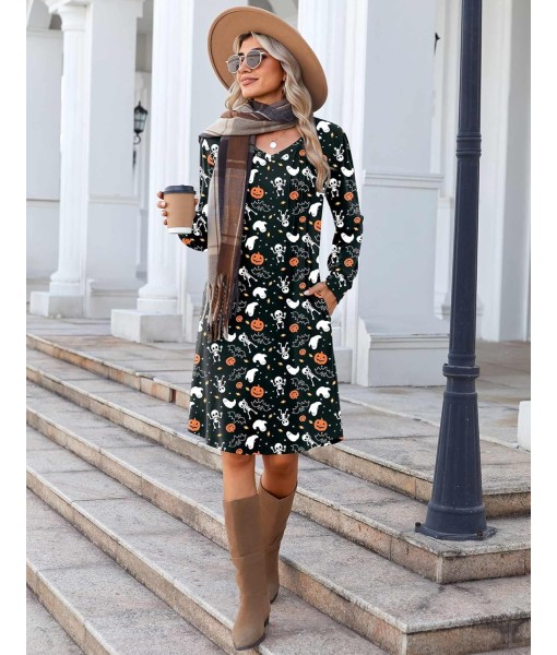 Zeagoo Fall Dresses for Women Long Sleeve Casual Pleated V Neck Dress 2025 A Line Tunic Dress