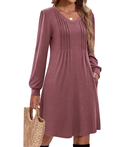 Zeagoo Fall Dresses for Women Long Sleeve Casual Pleated V Neck Dress 2025 A Line Tunic Dress