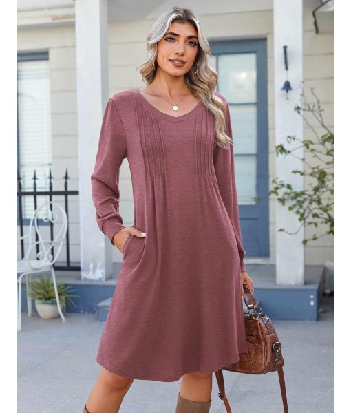 Zeagoo Fall Dresses for Women Long Sleeve Casual Pleated V Neck Dress 2025 A Line Tunic Dress