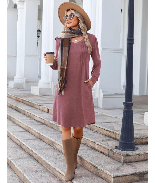 Zeagoo Fall Dresses for Women Long Sleeve Casual Pleated V Neck Dress 2025 A Line Tunic Dress
