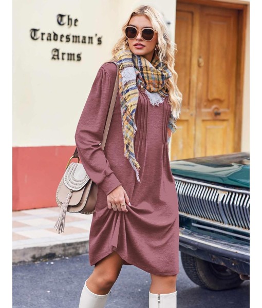 Zeagoo Fall Dresses for Women Long Sleeve Casual Pleated V Neck Dress 2025 A Line Tunic Dress
