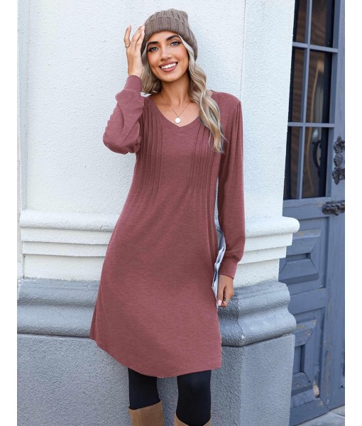 Zeagoo Fall Dresses for Women Long Sleeve Casual Pleated V Neck Dress 2025 A Line Tunic Dress