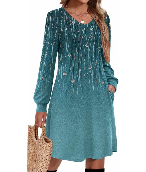 Zeagoo Fall Dresses for Women Long Sleeve Casual Pleated V Neck Dress 2025 A Line Tunic Dress