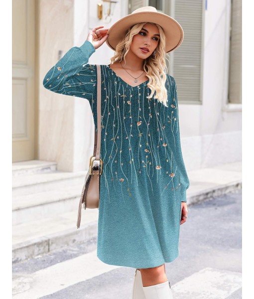 Zeagoo Fall Dresses for Women Long Sleeve Casual Pleated V Neck Dress 2025 A Line Tunic Dress