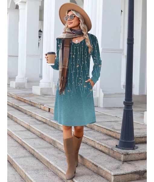 Zeagoo Fall Dresses for Women Long Sleeve Casual Pleated V Neck Dress 2025 A Line Tunic Dress
