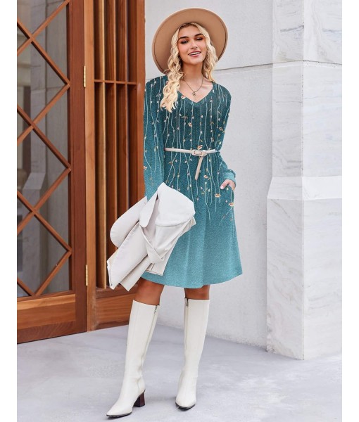 Zeagoo Fall Dresses for Women Long Sleeve Casual Pleated V Neck Dress 2025 A Line Tunic Dress