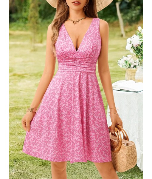 OURIN Women's Spring Deep V Neck Sleeveless Floral Sundresses with Pockets Flowy Summer Dresses for Women 2025