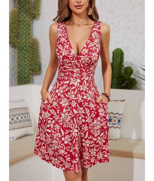 OURIN Women's Spring Deep V Neck Sleeveless Floral Sundresses with Pockets Flowy Summer Dresses for Women 2025