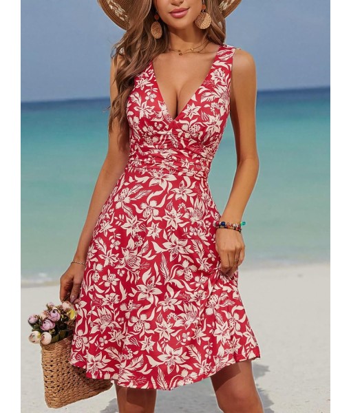OURIN Women's Spring Deep V Neck Sleeveless Floral Sundresses with Pockets Flowy Summer Dresses for Women 2025