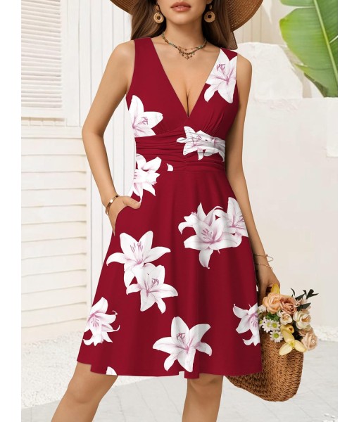 OURIN Women's Spring Deep V Neck Sleeveless Floral Sundresses with Pockets Flowy Summer Dresses for Women 2025