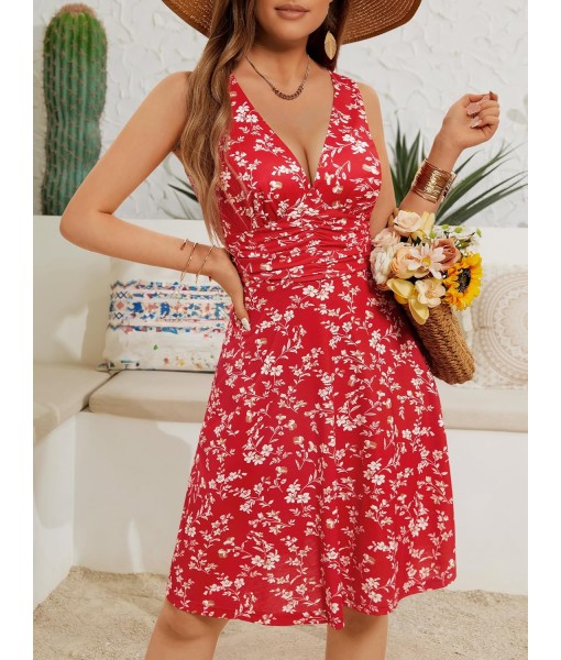 OURIN Women's Spring Deep V Neck Sleeveless Floral Sundresses with Pockets Flowy Summer Dresses for Women 2025