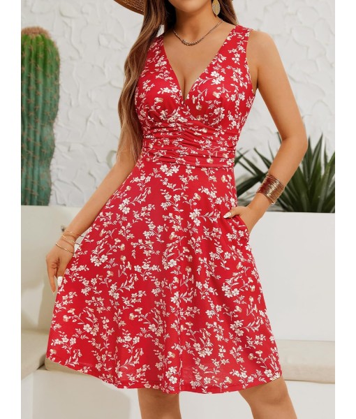 OURIN Women's Spring Deep V Neck Sleeveless Floral Sundresses with Pockets Flowy Summer Dresses for Women 2025