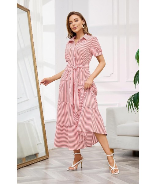 utcoco Womens Casual Short Sleeve Button Down Tie Waist Ruffled Striped Maxi Shirt Dress