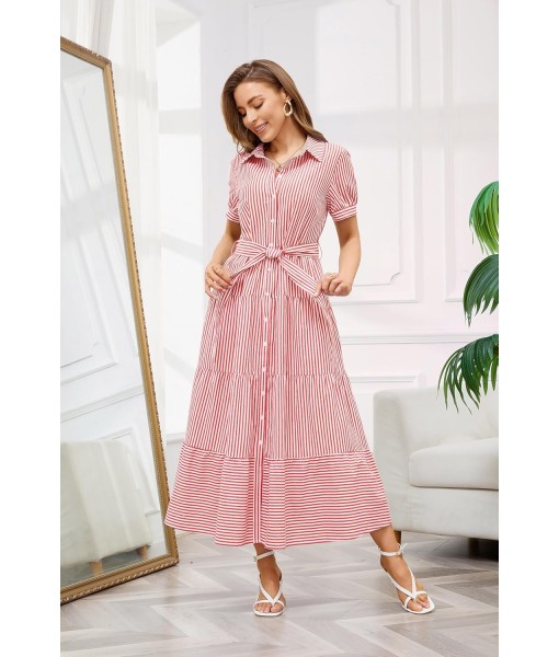 utcoco Womens Casual Short Sleeve Button Down Tie Waist Ruffled Striped Maxi Shirt Dress