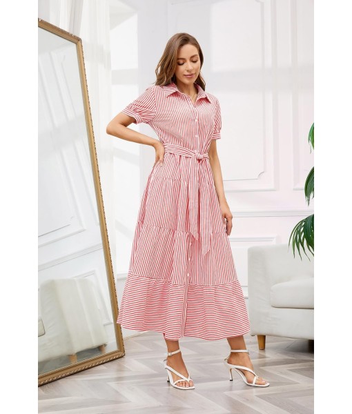 utcoco Womens Casual Short Sleeve Button Down Tie Waist Ruffled Striped Maxi Shirt Dress