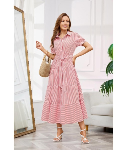 utcoco Womens Casual Short Sleeve Button Down Tie Waist Ruffled Striped Maxi Shirt Dress