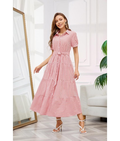 utcoco Womens Casual Short Sleeve Button Down Tie Waist Ruffled Striped Maxi Shirt Dress