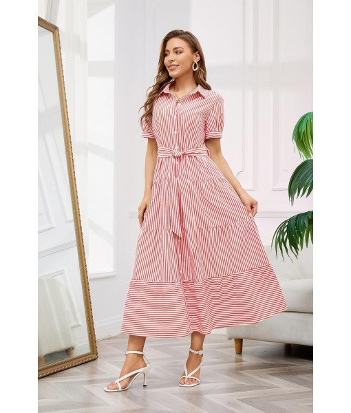 utcoco Womens Casual Short Sleeve Button Down Tie Waist Ruffled Striped Maxi Shirt Dress