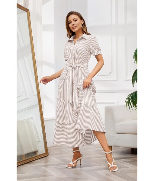 utcoco Womens Casual Short Sleeve Button Down Tie Waist Ruffled Striped Maxi Shirt Dress
