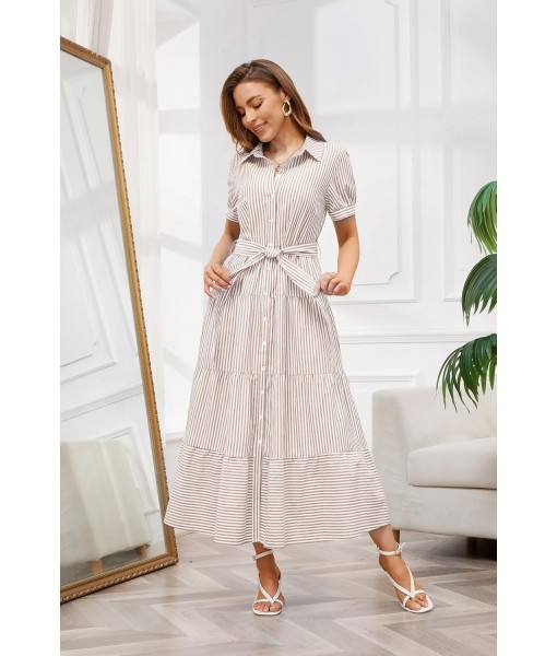 utcoco Womens Casual Short Sleeve Button Down Tie Waist Ruffled Striped Maxi Shirt Dress