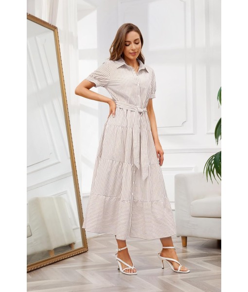 utcoco Womens Casual Short Sleeve Button Down Tie Waist Ruffled Striped Maxi Shirt Dress