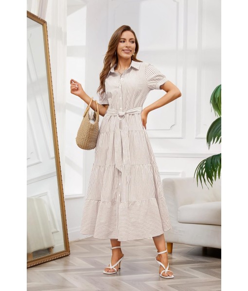 utcoco Womens Casual Short Sleeve Button Down Tie Waist Ruffled Striped Maxi Shirt Dress