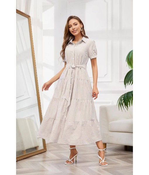 utcoco Womens Casual Short Sleeve Button Down Tie Waist Ruffled Striped Maxi Shirt Dress