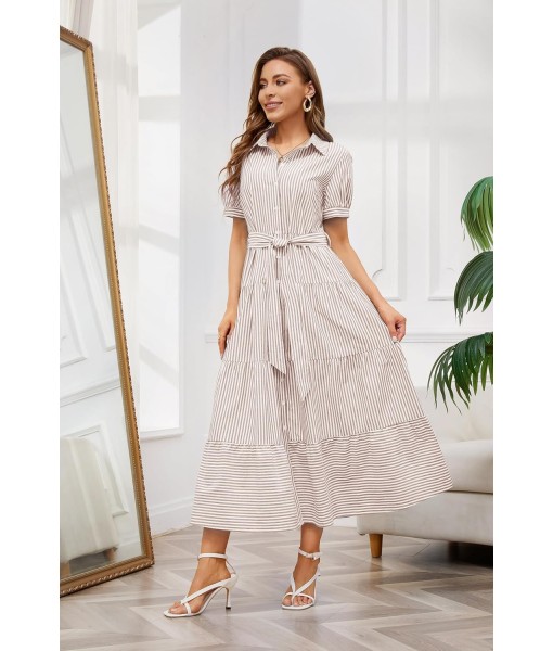utcoco Womens Casual Short Sleeve Button Down Tie Waist Ruffled Striped Maxi Shirt Dress