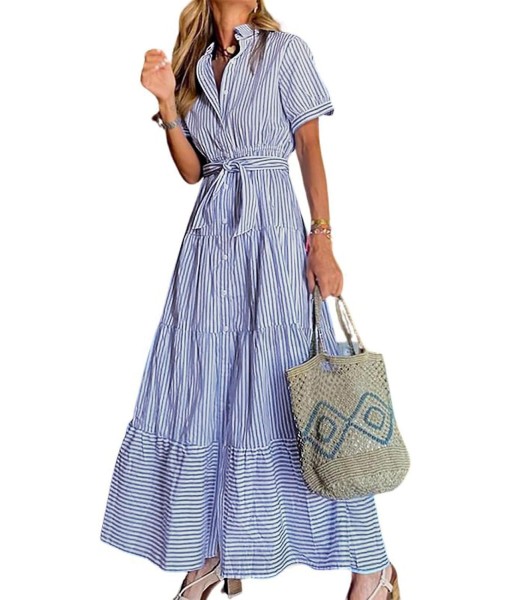 utcoco Womens Casual Short Sleeve Button Down Tie Waist Ruffled Striped Maxi Shirt Dress