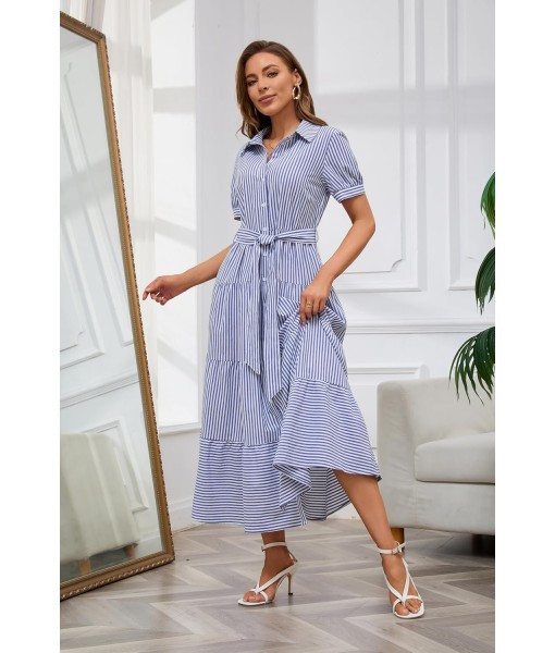 utcoco Womens Casual Short Sleeve Button Down Tie Waist Ruffled Striped Maxi Shirt Dress