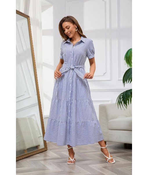utcoco Womens Casual Short Sleeve Button Down Tie Waist Ruffled Striped Maxi Shirt Dress