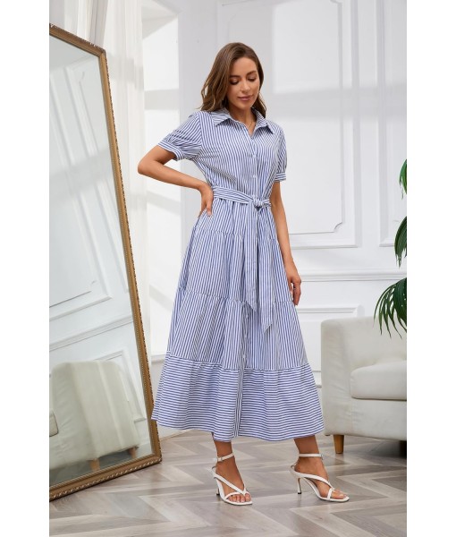 utcoco Womens Casual Short Sleeve Button Down Tie Waist Ruffled Striped Maxi Shirt Dress