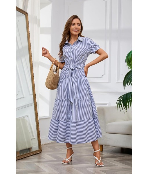 utcoco Womens Casual Short Sleeve Button Down Tie Waist Ruffled Striped Maxi Shirt Dress
