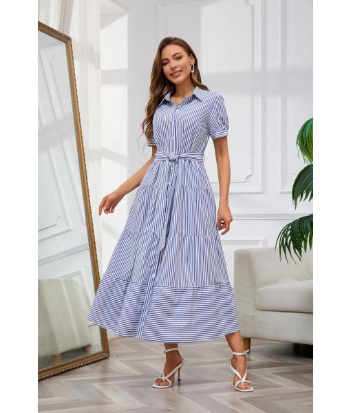 utcoco Womens Casual Short Sleeve Button Down Tie Waist Ruffled Striped Maxi Shirt Dress