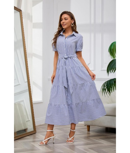 utcoco Womens Casual Short Sleeve Button Down Tie Waist Ruffled Striped Maxi Shirt Dress