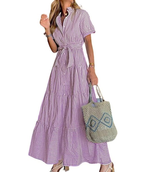 utcoco Womens Casual Short Sleeve Button Down Tie Waist Ruffled Striped Maxi Shirt Dress