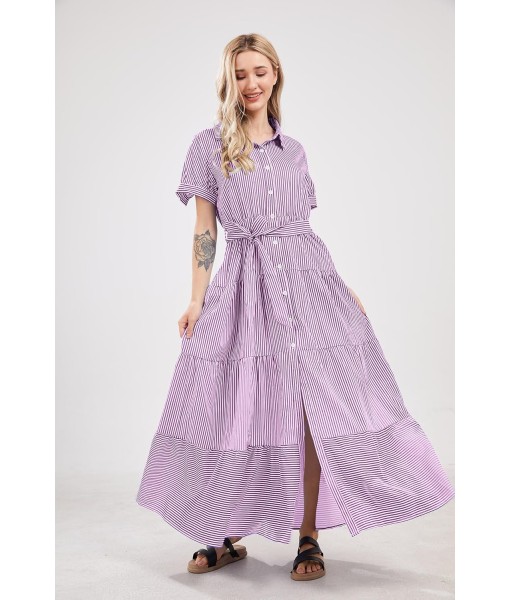 utcoco Womens Casual Short Sleeve Button Down Tie Waist Ruffled Striped Maxi Shirt Dress