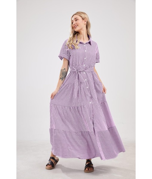utcoco Womens Casual Short Sleeve Button Down Tie Waist Ruffled Striped Maxi Shirt Dress