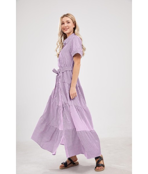 utcoco Womens Casual Short Sleeve Button Down Tie Waist Ruffled Striped Maxi Shirt Dress