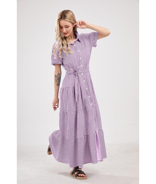 utcoco Womens Casual Short Sleeve Button Down Tie Waist Ruffled Striped Maxi Shirt Dress