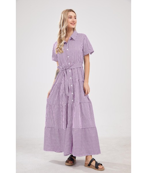 utcoco Womens Casual Short Sleeve Button Down Tie Waist Ruffled Striped Maxi Shirt Dress
