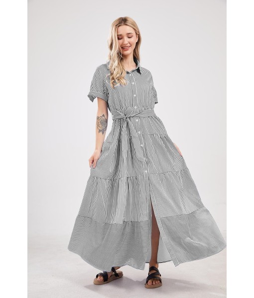 utcoco Womens Casual Short Sleeve Button Down Tie Waist Ruffled Striped Maxi Shirt Dress