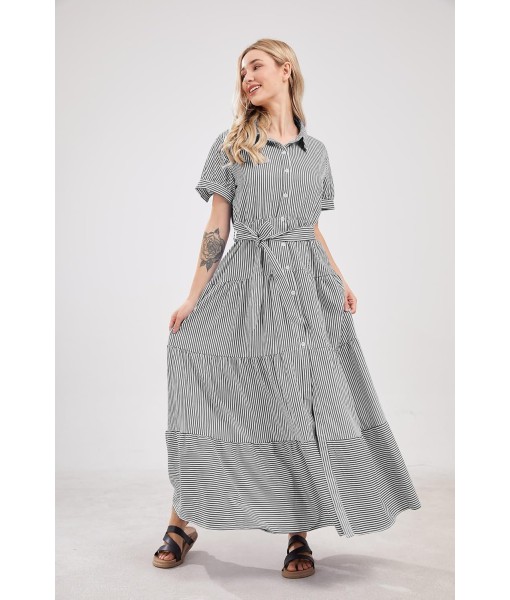 utcoco Womens Casual Short Sleeve Button Down Tie Waist Ruffled Striped Maxi Shirt Dress